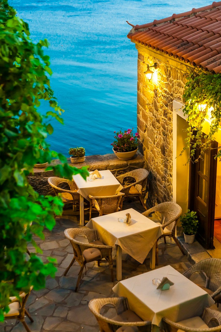 restaurant, food, table, sea, plant, traditional, village, nature, light